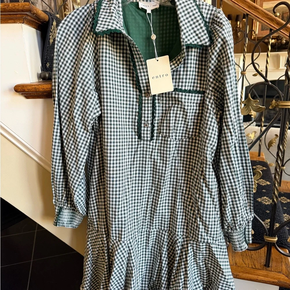 Entro Commander Forest Check Mini Dress. Size S NWT .Lined. Button front. - Picture 2 of 11